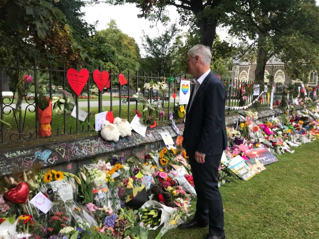 Chief Executive David Meates looks on at the tributes to the victims of the mosque attacks 