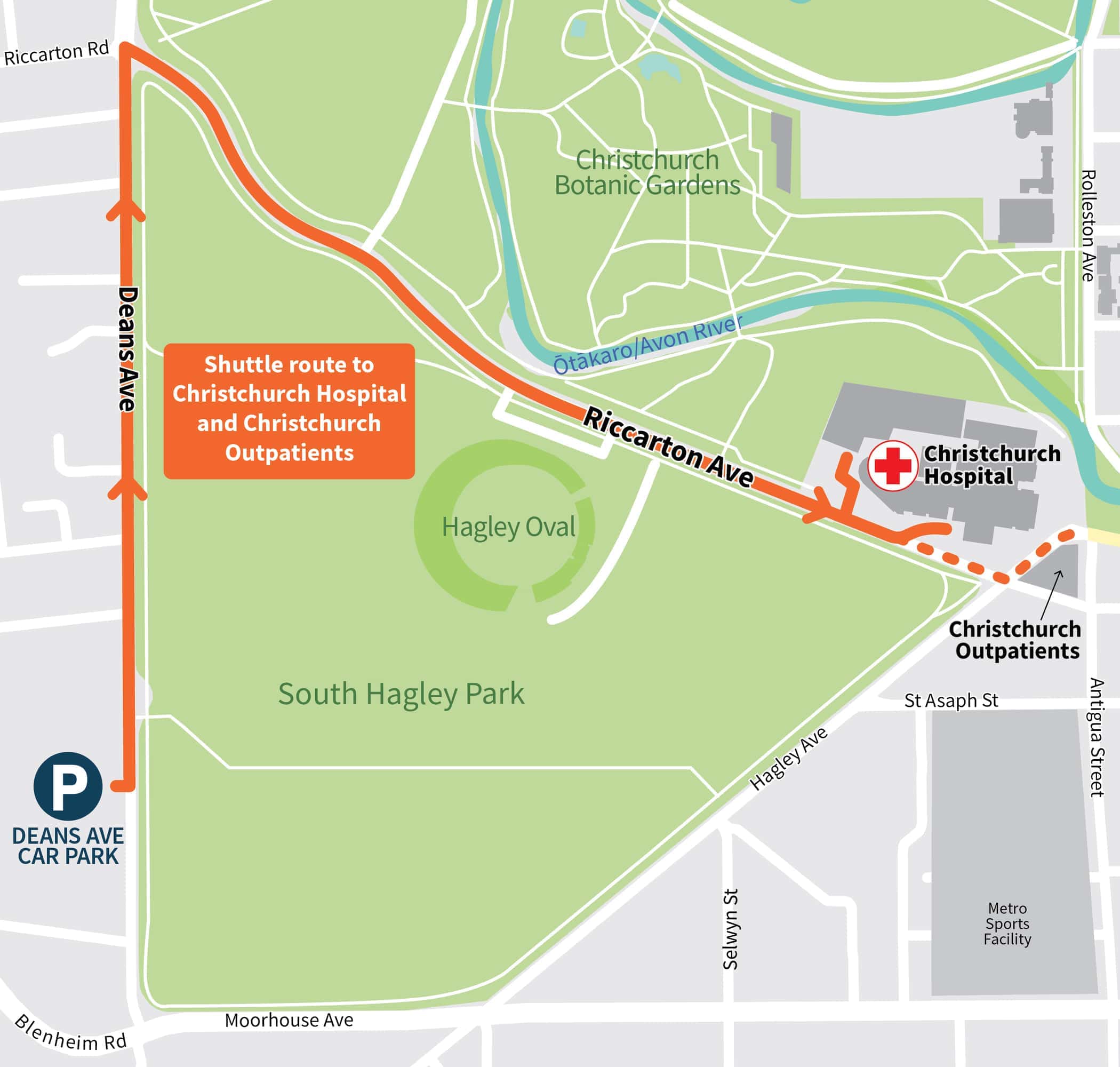 Canterbury DHB’s Hospital Shuttle will be running from the Deans Avenue car park from 24 August 2020