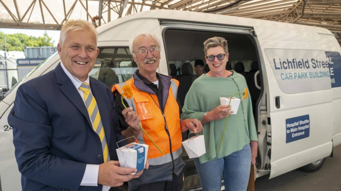 CDHB ops manager George Schwass Shuttle driver Peter Parr and passenger Penny McCaull