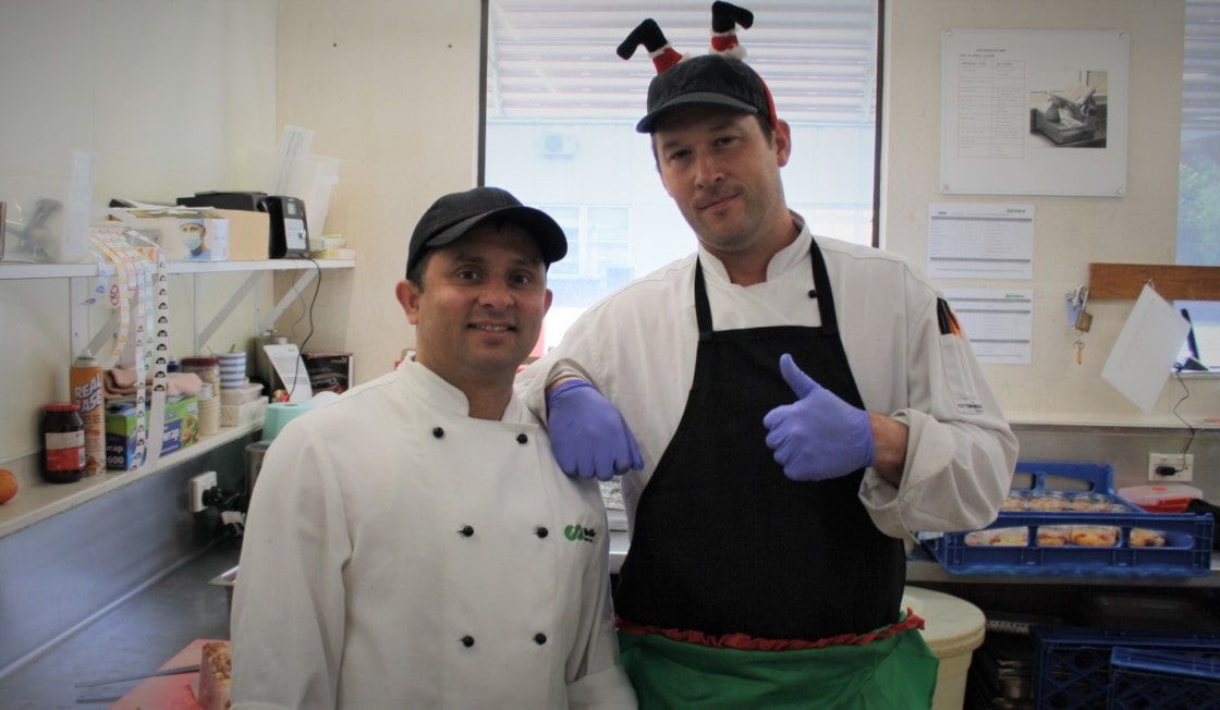 Supervisor Chef Oliver Fernee and Chef Dharam Devkota busy preparing the delicious Christmas meals for our patients.